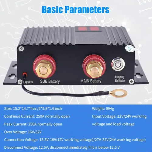 Vista 3 de Aislador inteligente de doble batería, 12 V/24 V, relé sensible al voltaje universal de 250 amperios - VSR para automóvil, RV, ATV, UTV, cámper