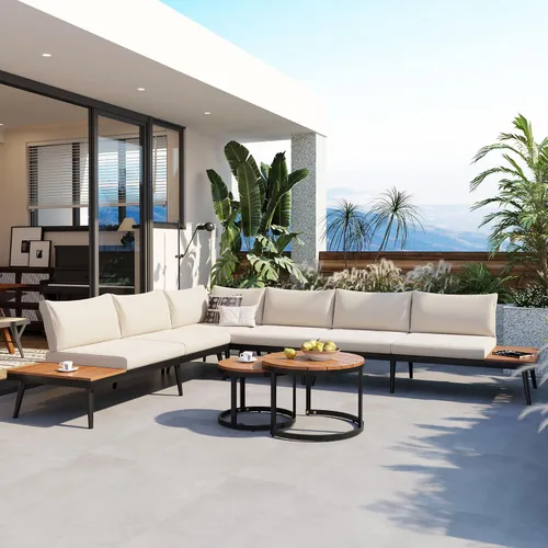 Vista 2 de RUNNA Moderno juego de muebles para exteriores, juego de sofá modular de 6 piezas con mesas de centro redondas anidables y sofá de asiento, juego