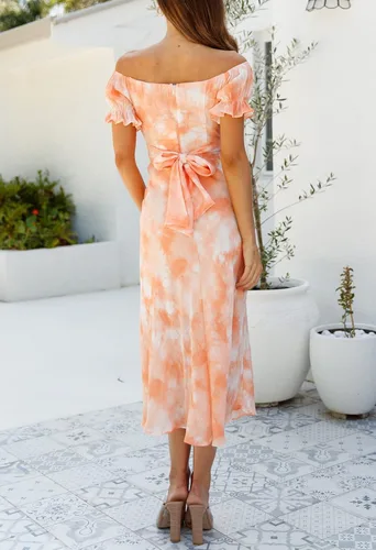 Vista 6 de Linsery - Vestido largo con hombros descubiertos para mujer, cóctel, fiesta, boda, formal, vestido por debajo de la rodilla, con vuelo