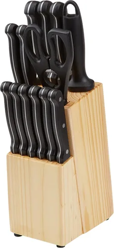 Vista 4 de Amazon BasicsJuego de cuchillos de cocina de 14 piezas, cuchillas de acero inoxidable de alto carbono con bloqueo de madera de pino, negro