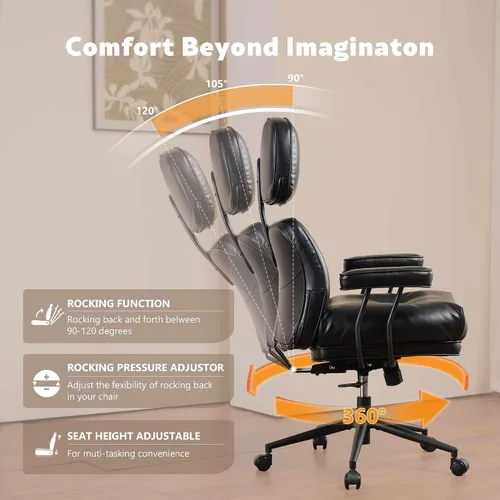 Vista 6 de Silla de oficina ergonómica para grandes y altos, silla ejecutiva moderna de mediados de siglo con soporte lumbar, respaldo alto, cojín grueso, piel