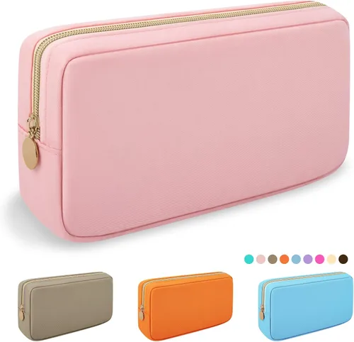 Vista 20 de Iqimott Bolsa Grande de Maquillaje de Nylon, Neceser de Viaje, Bolsa Grande de Cosméticos Preppy, Organizador de Maquillaje de Nylon, Bolsa de Beige
