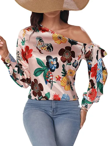 Vista 5 de Floerns Blusa lateral con nudo y cuello asimétrico y manga larga para mujer