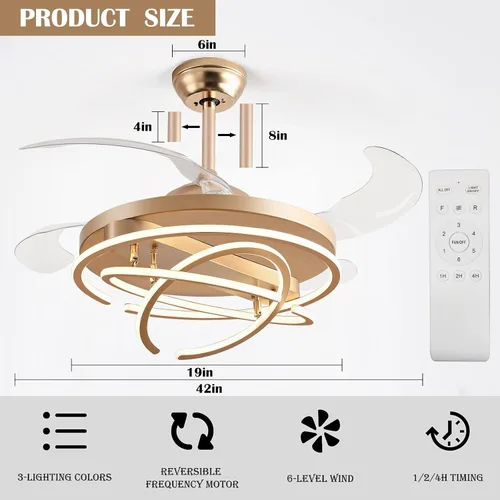 Vista 3 de Ventiladores de techo retráctiles de 42 pulgadas con control remoto de luces, modernos anillos de ventilador de techo LED, ventiladores de techo