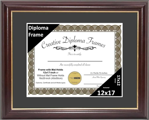 Vista 64 de Creative Picture Frames Marco para Diploma de Caoba con Borde Dorado de 12x16 pulgadas con Vidrio y Paspartú Negro y Colgadores de Pared Instalados