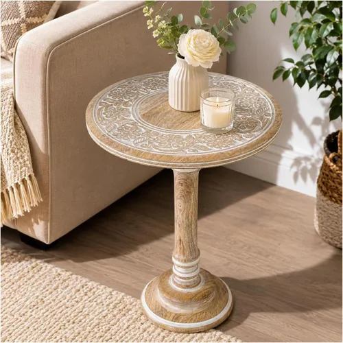 Vista 12 de Mesa auxiliar de madera de mango tallada a mano – 18x22 rústica