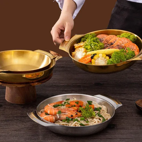 Vista 8 de Luxshiny Sartén de uso diario con asas, olla de acero inoxidable coreano Ramen olla de inducción para el hogar y al aire libre