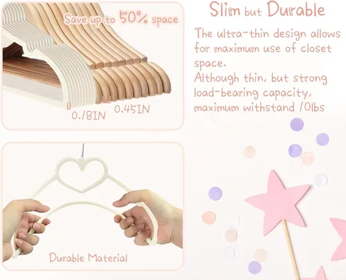 Vista 6 de Perchas de terciopelo beige con forma de corazón, paquete de 50 perchas para niños pequeños de 13 pulgadas con 20 clips, ultra delgadas y apilables
