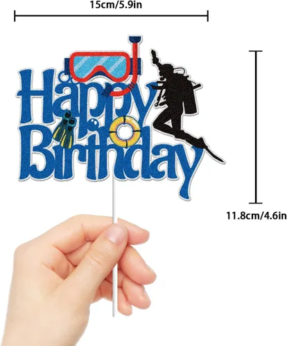 Vista 2 de Decoración para tartas de cumpleaños con purpurina azul, buceo, deportes submarinos, océano, verano, natación, pastel, decoración, buceador