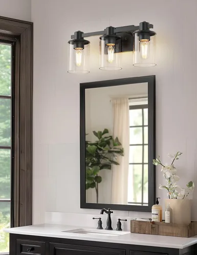 Vista 2 de L LOHAS LED Lámpara de baño negra de 3 luces sobre el espejo, moderna lámpara de tocador negra mate con pantalla de vidrio transparente, luces