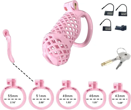 Vista 4 de Jaula de castidad masculina ligera, dispositivos de castidad de resina, juguete sexual para adultos para hombres, llave de bloqueo, anillos de 5