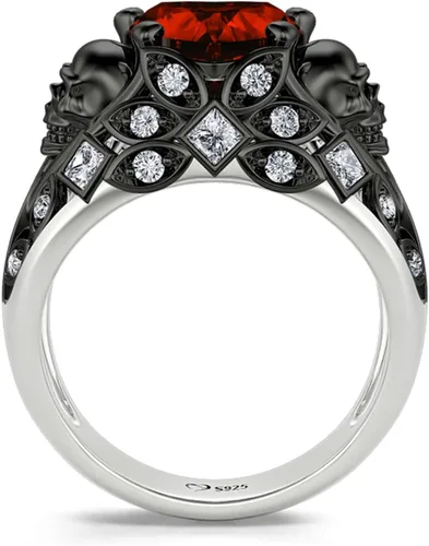 Vista 4 de Jeulia Juego de anillos de compromiso de calavera de 2.55 quilates, plata de ley, corte de corazón, diamantes rojos, anillos de rubí, circonita