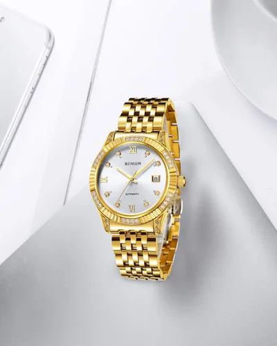 Vista 23 de BINLUN Reloj de pulsera para hombre, mecánico automático, reloj dorado con cuerda automática, elegante, chapado en oro de 18 quilates, relojes