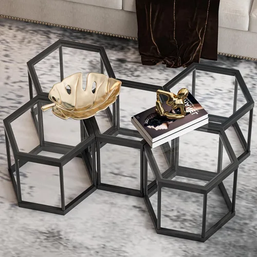 Vista 8 de Mesa de centro moderna de cristal, mesa de centro de cristal combinada, sin hexágonos, mesas auxiliares pequeñas con marco de metal para sala