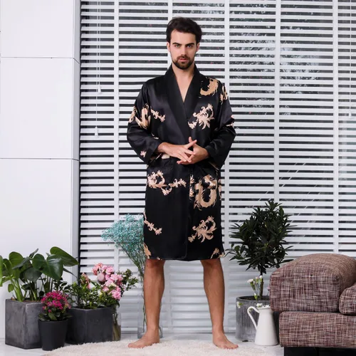 Vista 2 de Bata de satén para hombre, de seda, de manga larga, kimono, ropa de dormir, ropa de descanso