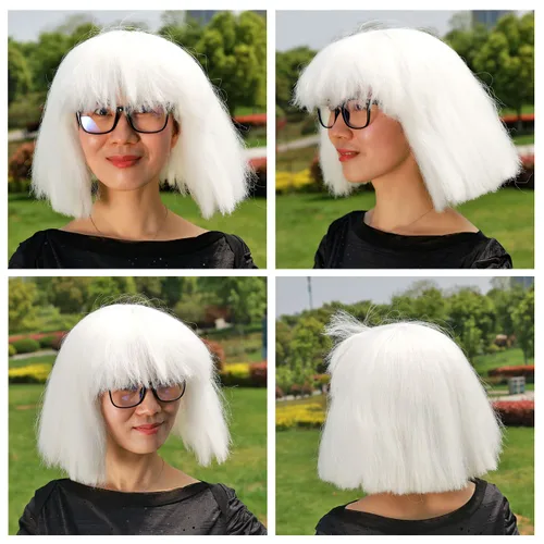 Vista 6 de ColorGround Peluca corta blanca para cosplay con gafas para Halloween
