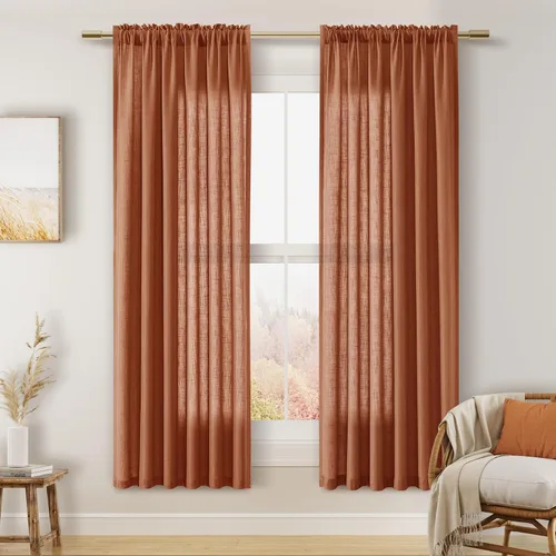 Vista 132 de Cortinas de lino verde aguamarina de 84 pulgadas de largo, juego de 2 paneles semitransparentes con bolsillo para barra para comedor, decoración