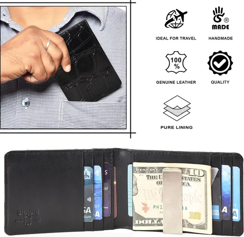 Vista 4 de S S SHACHI Cartera de cuero para hombre con bloqueo RFID, bolsillo frontal con 9 ranuras, cuero auténtico de grano completo, tarjetero múltiple