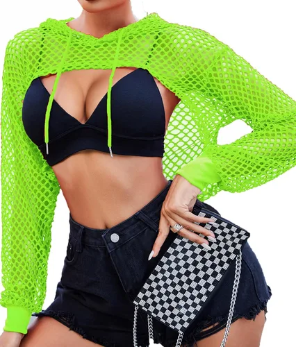 Vista 7 de Avidlove Camiseta corta de malla con capucha para mujer, camiseta de red de manga larga para festival, club, fiesta