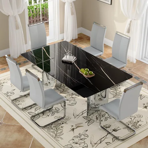 Vista 18 de Juego de mesa de comedor moderno para mesa de comedor de cristal de 6, 7 piezas, mesa de mármol sintético de 71 pulgadas con base de acero