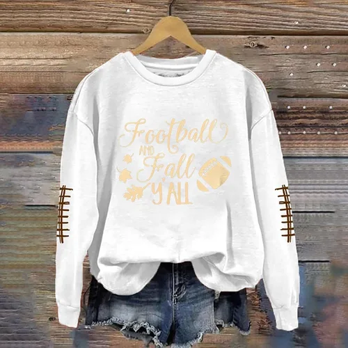 Vista 2 de Women Football Fall Y'all Sweatshirt Long Sleeve Round Neck Funny Letter Print Hoodie Pullover Loose Casual Fashion Fall Tops