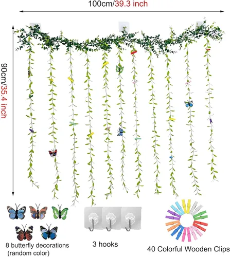 Vista 6 de Expositor de fotos para colgar en la pared con clip, juego de collage de marcos de fotos de hojas de árbol de vid artificiales con 40 clips y 8