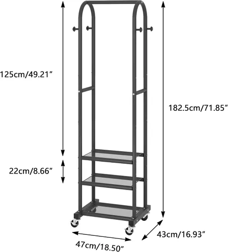 Vista 4 de Kaitiemoo Perchero de ropa resistente con ruedas, moderno perchero con 3 estantes de metal, estante de exhibición de 71.8 pulgadas para colgar ropa