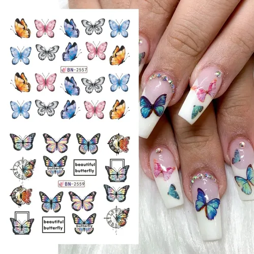 Vista 5 de SINSEN Calcomanías de arte de uñas de mariposa, mariposas coloridas de primavera y verano, bonitas decoraciones de arte de uñas para mujeres