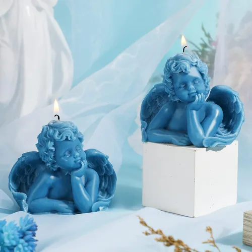 Vista 7 de Nuanchu Eclectic Angel Decor - 2 velas veganas de cera perfumada de soja en blanco y rosa para decoración moderna de dormitorio (azul lago)