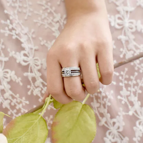 Vista 5 de Blongme Juegos de anillos de boda de catedral y clásicos para mujeres, plata esterlina 925, conjunto de anillos nupciales realzador, circonita