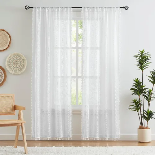 Vista 12 de ZJDECOR Cortinas traslúcidas de encaje bohemio de 54 pulgadas de largo, juego de 2 paneles de cortinas con patrón geométrico rústico beige