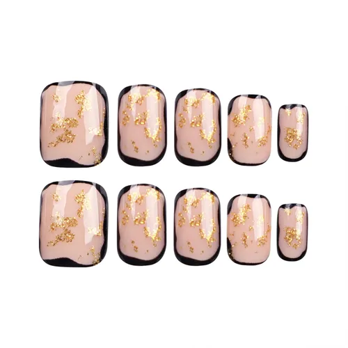 Vista 2 de Uñas postizas francesas con punta negra y borde corto, uñas falsas con diseños de hoja de oro, uñas de acrílico artificiales de cobertura completa