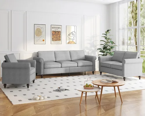 Vista 10 de Mjkone Juego de 2 Piezas para Sala de Estar, Sofás Seccionales, Juego de Sofá y Silla, Sofá Moderno de Lino con Marco de Madera y Patas
