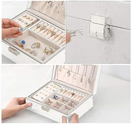 Vista 4 de ProttyLife Joyeros para mujer, 2 capas grandes, organizador de joyas para mujer, organizador grande con cerradura para joyería, soporte para aretes