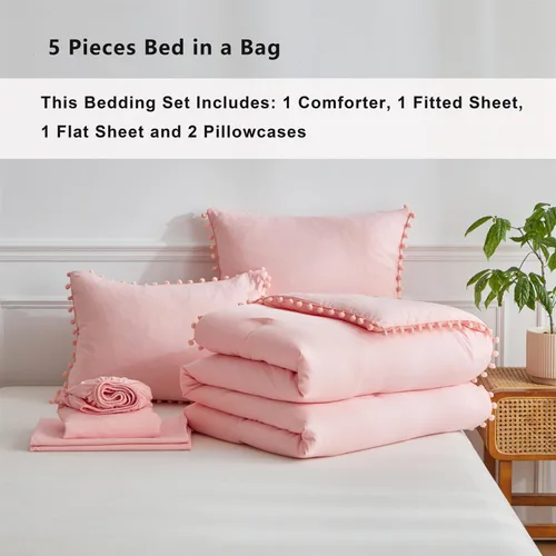 Vista 6 de IHOUSTRIY Juego de edredón rosa para niños, tamaño individual, cama en una bolsa, tamaño individual, 5 piezas para adolescentes y niñas