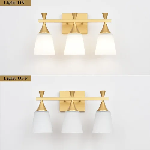 Vista 9 de Lámpara moderna de tocador de baño de 3 luces, lámparas de pared de vidrio de leche sobre el espejo, iluminación de tocador de oro cepillado