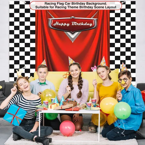 Vista 7 de Fondo de cumpleaños de coche con bandera de carreras, 5 x 3 pies, fondo de fotos de carreras a cuadros duradero para decoraciones de cumpleaños