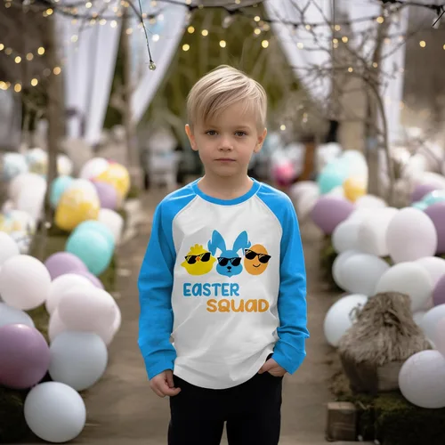 Vista 2 de Camisas de Pascua para bebés, niños y niñas, camisetas de manga larga raglán para niños pequeños, conejos, camiones de Pascua, escuadrón de Pascua