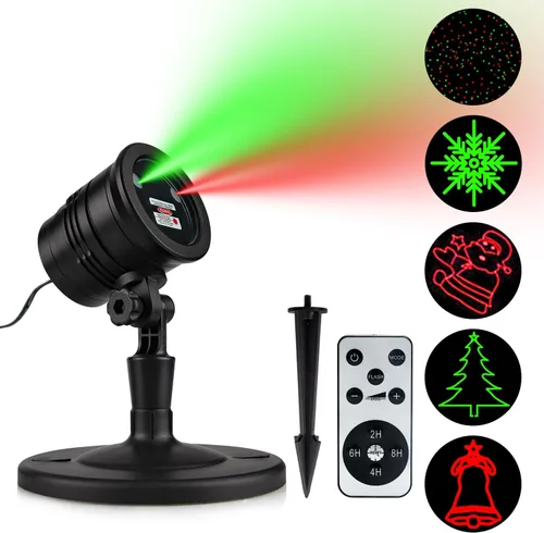 Vista 10 de Luces Láser de Navidad, Luces de Proyector Reflector de Paisaje Espectáculo de Estrellas Rojas y Verdes con Patrones Decorativos de Navidad