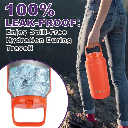 Vista 2 de Botella de agua aislada de 64 onzas, vaso de acero inoxidable al vacío de medio galón con tapa abatible con popote y asa superior, mantiene