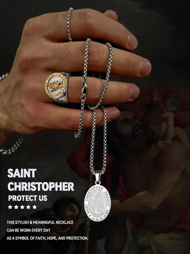Vista 4 de FaithHeart Collar con colgante de San Cristóbal para hombres y mujeres, de acero inoxidable, amuleto católico, joyería personalizada con embalaje