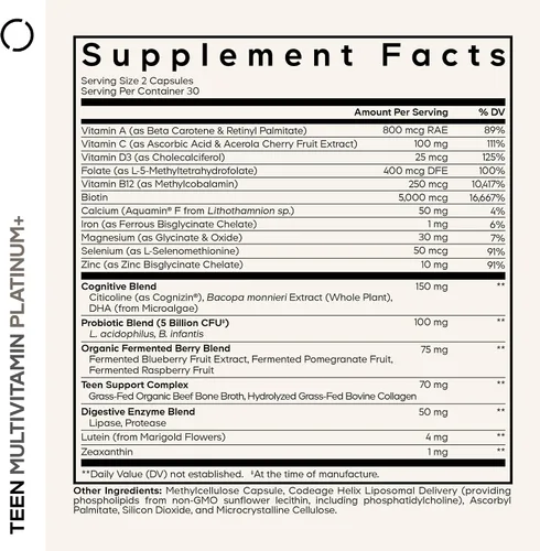 Vista 2 de Codeage Suplemento multivitamínico + platino para adolescentes, vitaminas A, C, D3, E, B6, B12, minerales, probióticos, citicolina, colágeno, caldo