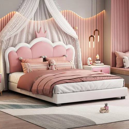 Vista 15 de Cama de plataforma tapizada de tamaño individual, marco de cama de plataforma de madera con cabecera en forma de corona, elementos de dibujos