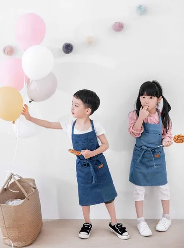 Vista 5 de Delantal de mezclilla a juego para niños y adultos, niños de 4-7 9-12 años, para cocinar, jardinería, pintar, barbacoa