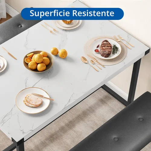 Vista 5 de GarveeHome Juego de mesa de comedor para 4, mesa de cocina con 2 bancos tapizados, juego de comedor de cocina de madera, para espacios pequeños