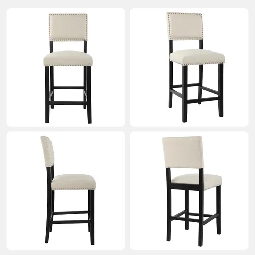 Vista 8 de LSSBOUGHT Taburete de bar tapizado de tela de lino con patas de madera de goma, silla de bar con ribete clavado para isla de cocina