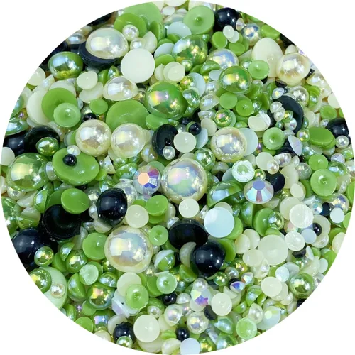 Vista 14 de Cuentas de resina con diamantes de imitación, mitad redonda, cuentas de perlas planas de 30 g, cuentas de media perla con diamantes de imitación