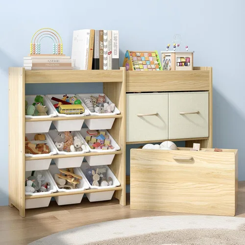 Vista 10 de EXPERLAM Organizador de almacenamiento de juguetes para niños, organizador de juguetes de 9 compartimentos con 2 cajones, cofre de juguetes móvil