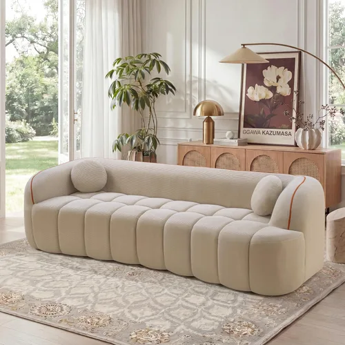 Vista 17 de Sofá de asiento profundo moderno de 3 plazas con patas de madera de abedul, sofá de cuero de 80.25 pulgadas, sofá tapizado suave para sala de estar