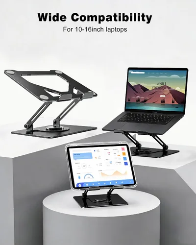 Vista 6 de Soporte giratorio para laptop de 360° para escritorio Ergonómico, altura ajustable, ahueca hacia fuera la estructura estable de la disipación